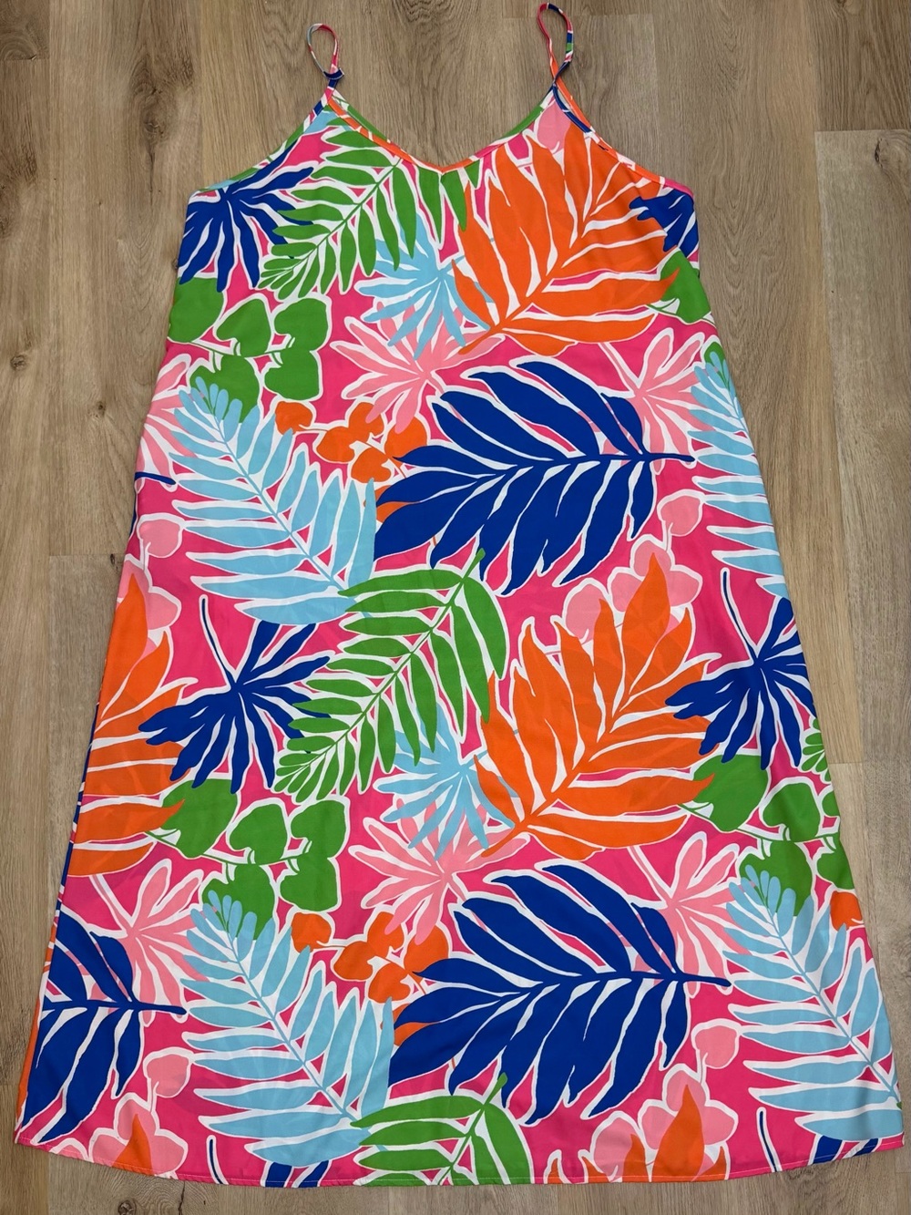 First Love Tropical Leaf Print Slip Dress in Pink, Blue, Orange & Green